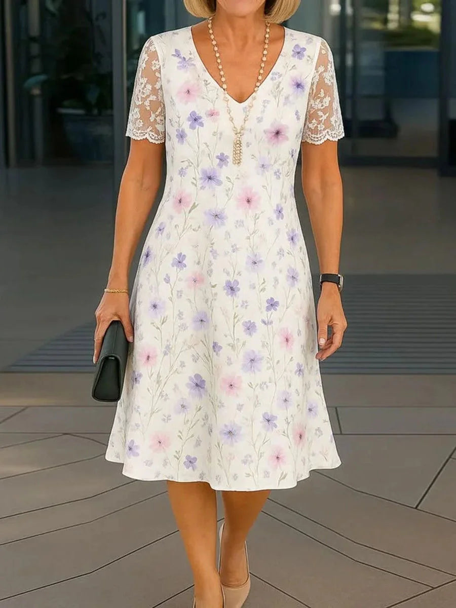 Lace Short Sleeve Purple Floral V Neck Midi Dress