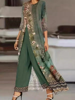 Women's Vintage Floral Print Layered Long Top & Wide-Leg Pants Set