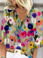 Women's Colorful Floral V-Neck 3/4 Sleeve Loose Casual Blouse