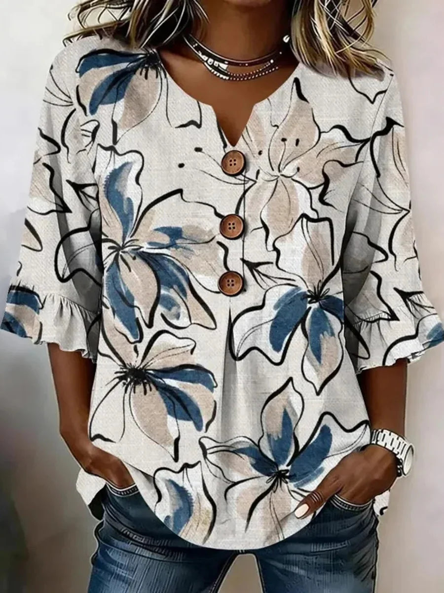Abstract Floral Print 3/4 Sleeve V-Neck Blouse