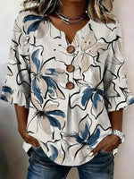 Abstract Floral Print 3/4 Sleeve V-Neck Blouse