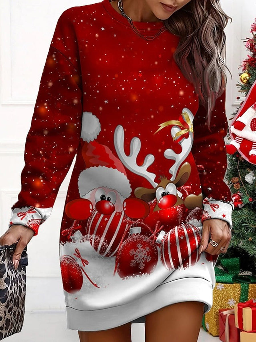 Christmas Round Neck Printed Loose Casual Dresses