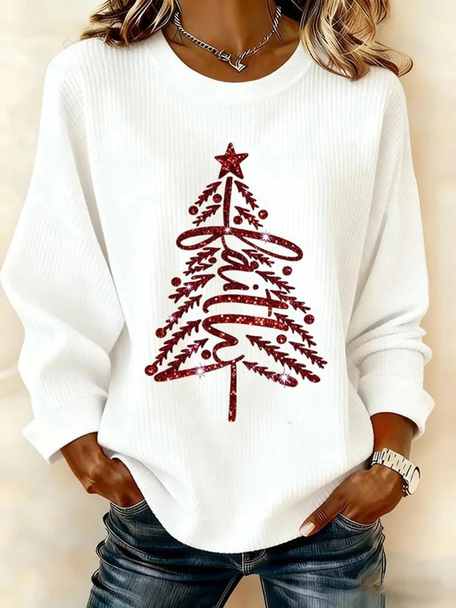 Christmas Tree Print Round Neck Long Sleeve Top