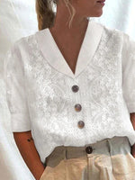 Women's Cotton Short Sleeve Embroidered Lace Floral Button Front Blouse