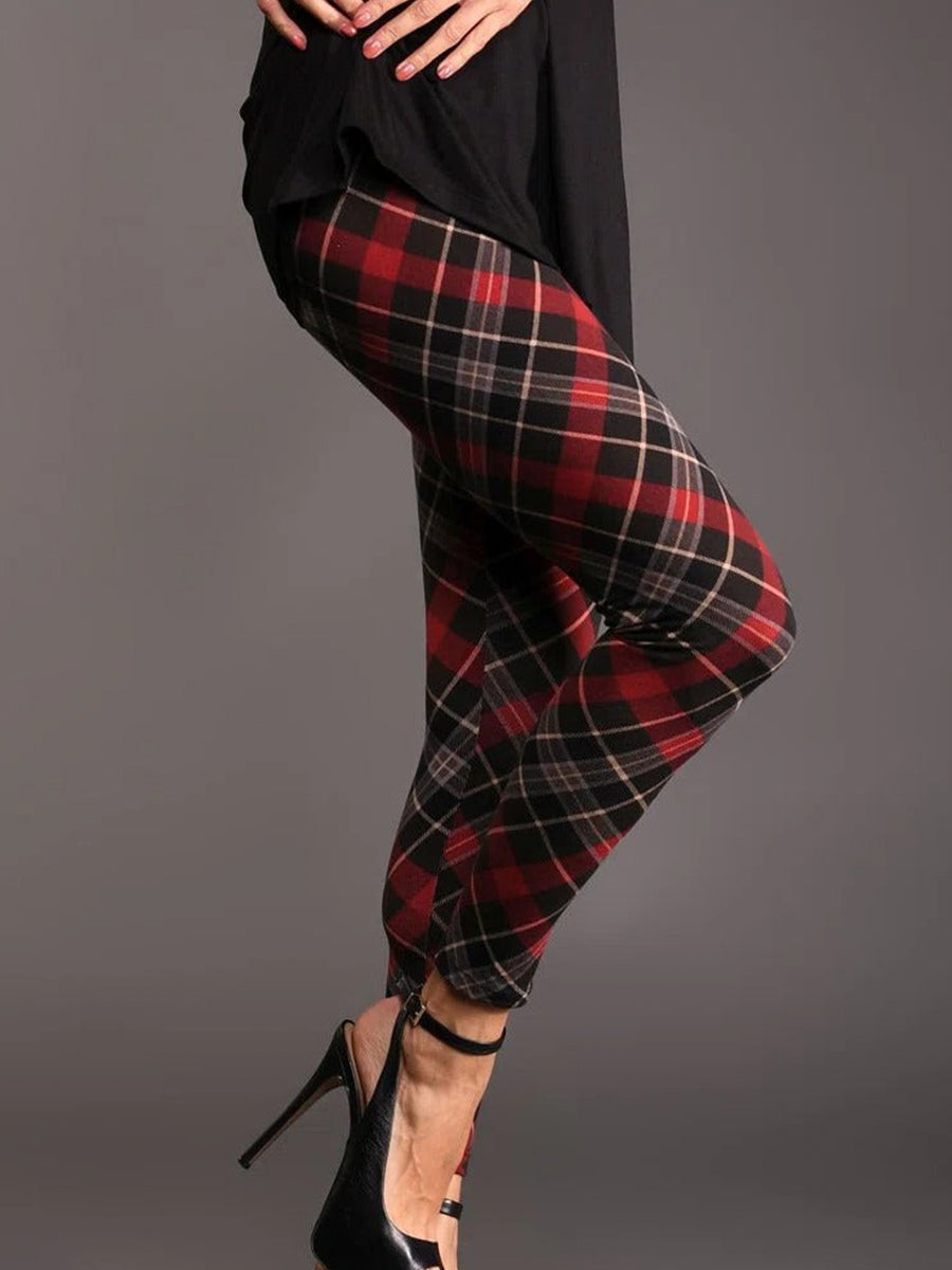 Elastic waist Checked/Plaid Printed Vintage Leggings