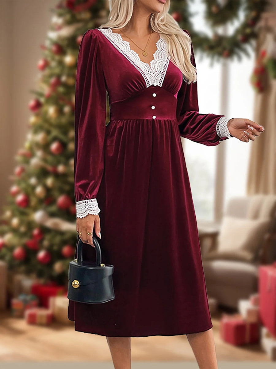 Women's Long Sleeve Spring/Fall Wine Red Plain Lace V Neck Holiday Going Out Casual Maxi A-Line Dress