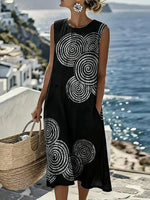 Black Spiral Print Round Neck Sleeveless Pocket Midi Dress