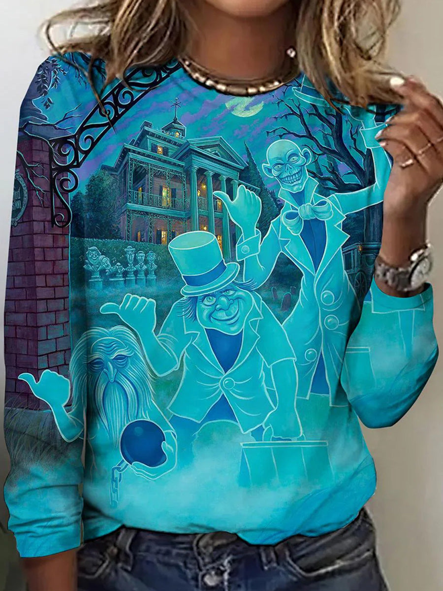 Trendy Blue Round Neck Long Sleeve Top