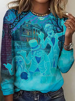 Trendy Blue Round Neck Long Sleeve Top