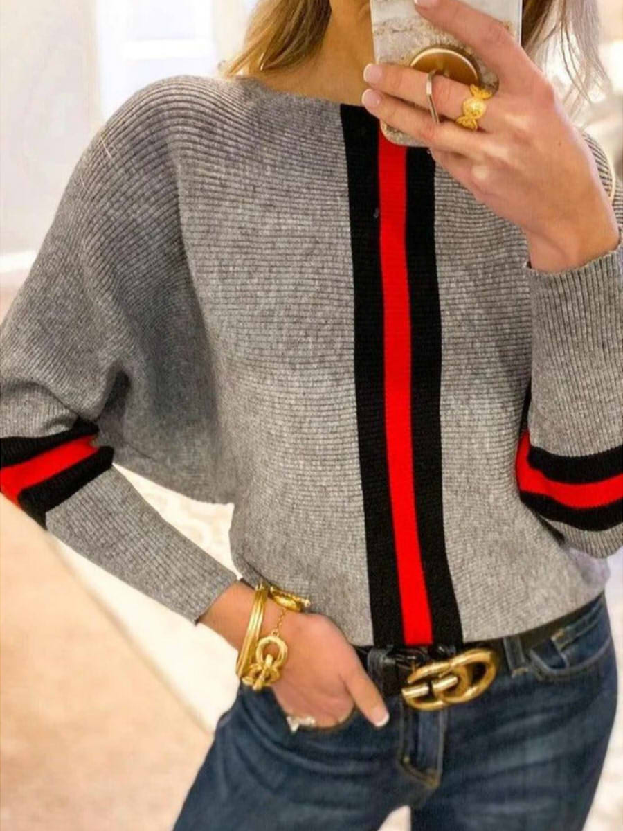 Round Neck Long Sleeve Boston Red Striped Gray Sweater