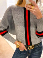 Round Neck Long Sleeve Boston Red Striped Gray Sweater