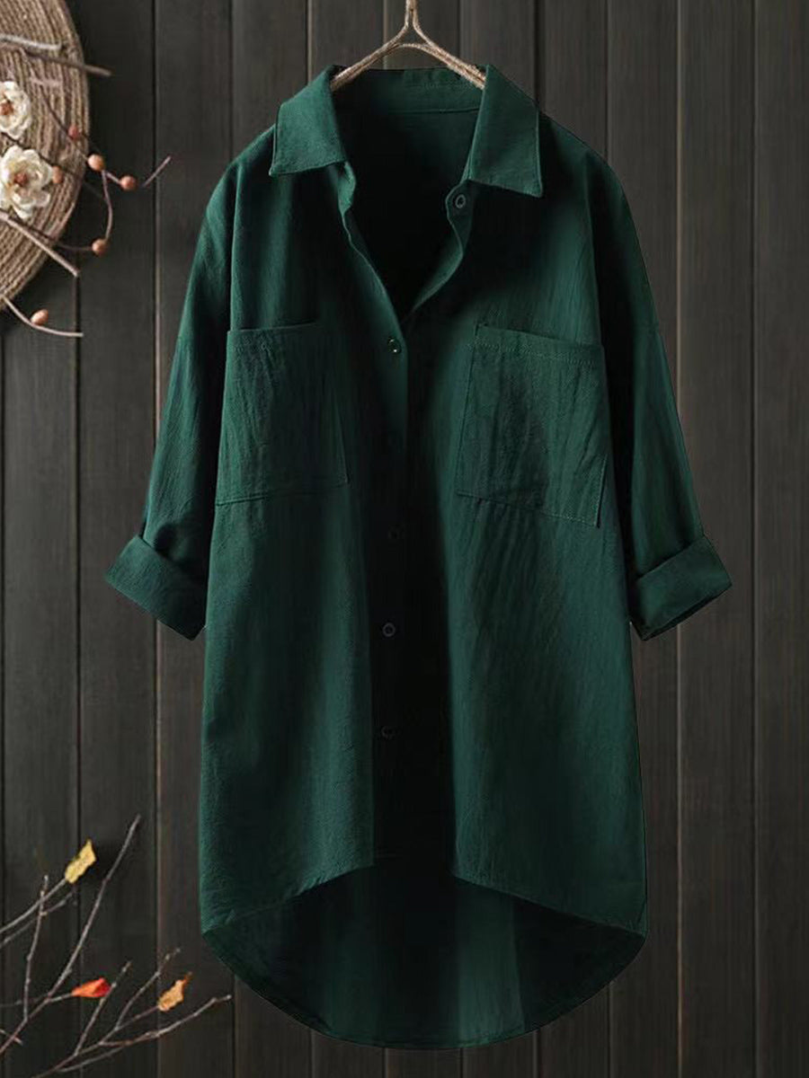 Solid Cotton Linen V Neck Loose Top