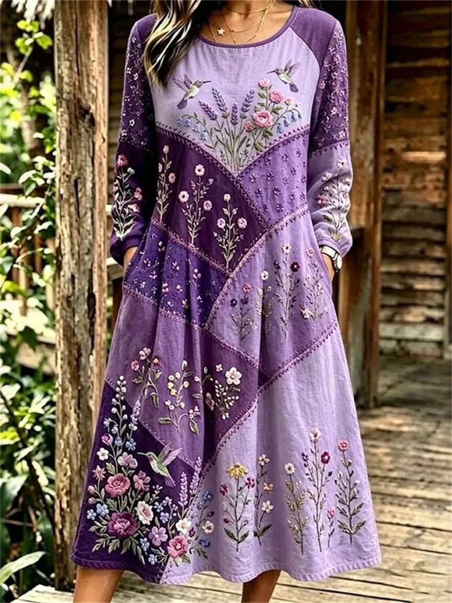 Casual Floral Print Round Neck Long Sleeve Dress