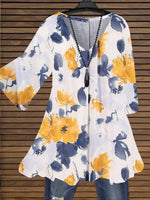 Women's V-Neck Floral Print Loose Fit 3/4 Sleeve Tunic Top