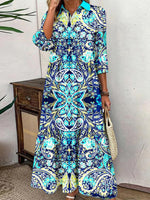 Blue Lapel 3/4 Sleeve Maxi Dress