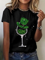 Wine Glasses Print Round Neck Short Sleeve Black T-shirt