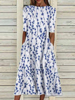 Women's Blue Botanical Print Half Sleeve Loose Midi Dress with Pockets