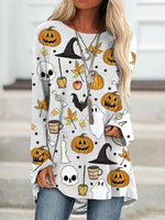 White Casual Graphic Tops Round Neck Long Sleeve Halloween Printed Sweatshirt