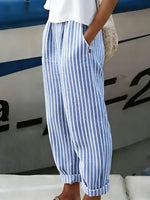 Casual Blue Striped Wide-Leg Pants
