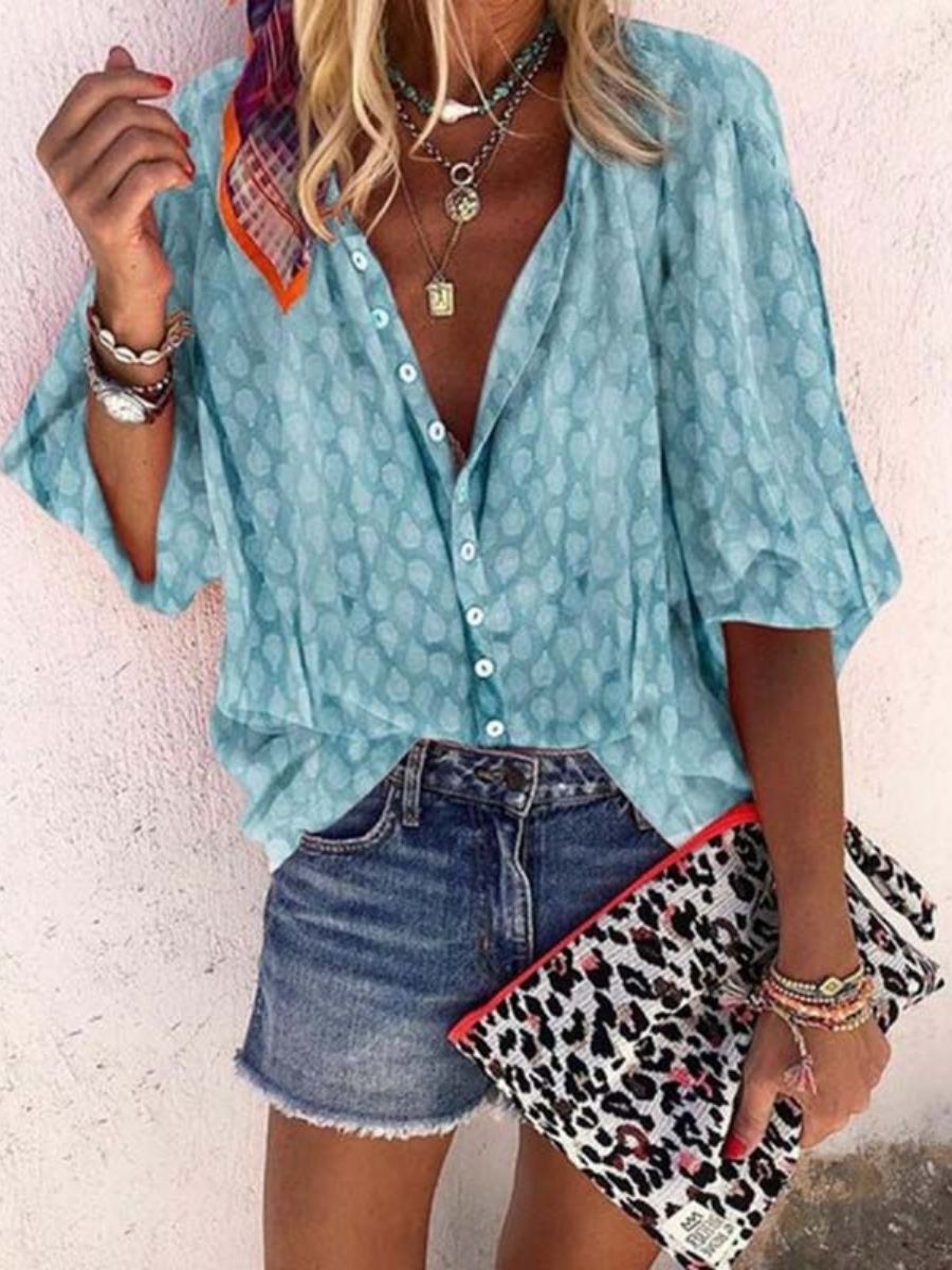 Blue Casual Polka Dots Printed Half Sleeve Blouse