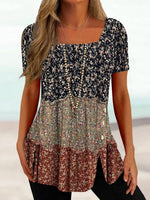 Women?ˉs Color Block Floral Print Square Neck Short Sleeve Tunic Top
