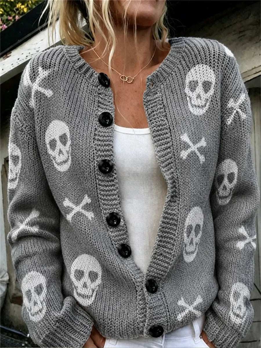 Women Skull Long Sleeve Comfy Vintage Cardigan