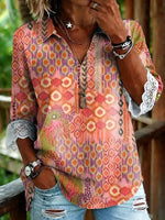 Bohemian Ikat Print Lace-Cuff 3/4 Sleeve Blouse