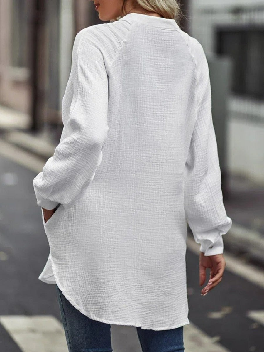 White Casual Solid Blouse with Pockets