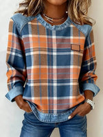 Vintage Plaid Patchwork Round Neck Long Sleeve Blouse