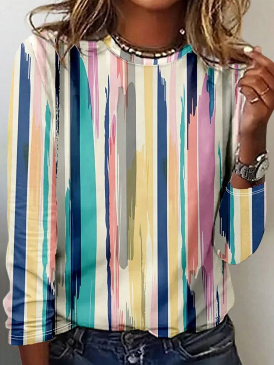 Vintage Colourful Striped Round Neck Blouse