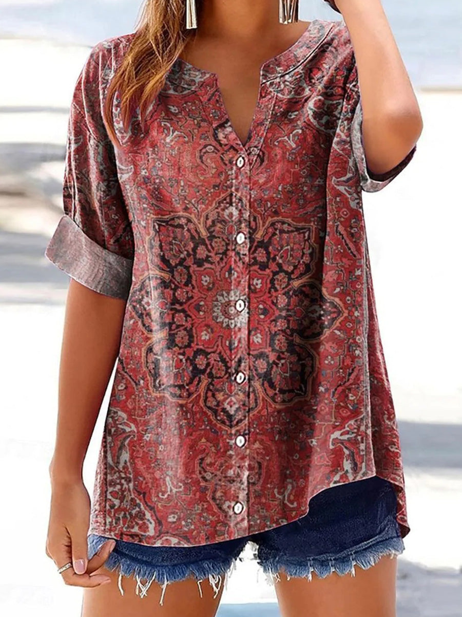 Red V-Neck Short Sleeve Top