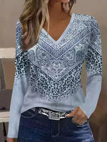 Casual Leopard Print V-neck Long Sleeve T-Shirt