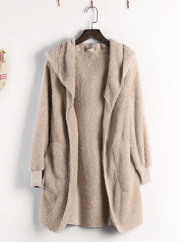 Apricot Solid Casual Hooded Long Sleeve Coat