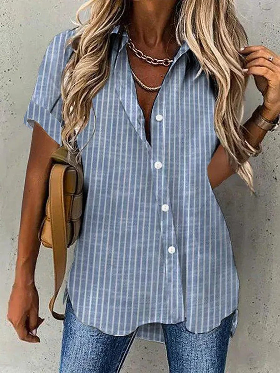 Short Sleeve Striped Regular Loose Blouse