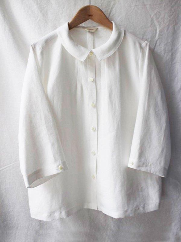 Round Neck Button-up Casual Long Sleeve White Blouse