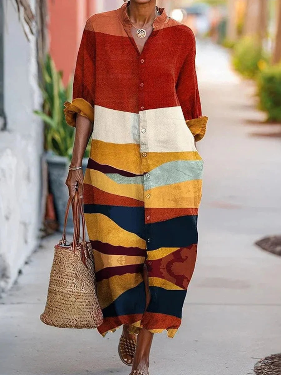Casual Color Block Long Sleeve Dress