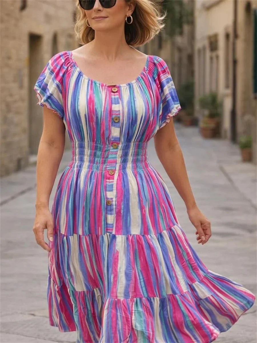 Vibrant Watercolor Stripe Round Neck Short Sleeve Tiered Midi Dress