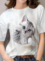 Women?ˉs Cute Cat Print Short Sleeve Crew Neck Casual T-shirt