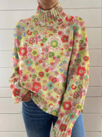 Women's Vintage Art Flower Print Long Sleeve Pullover Sweater