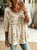 Vintage Floral Print Round Neck 3/4 Sleeve Blouse
