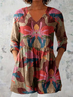 Women's Elegant Floral Print V-neck 3/4 Sleeve Top
