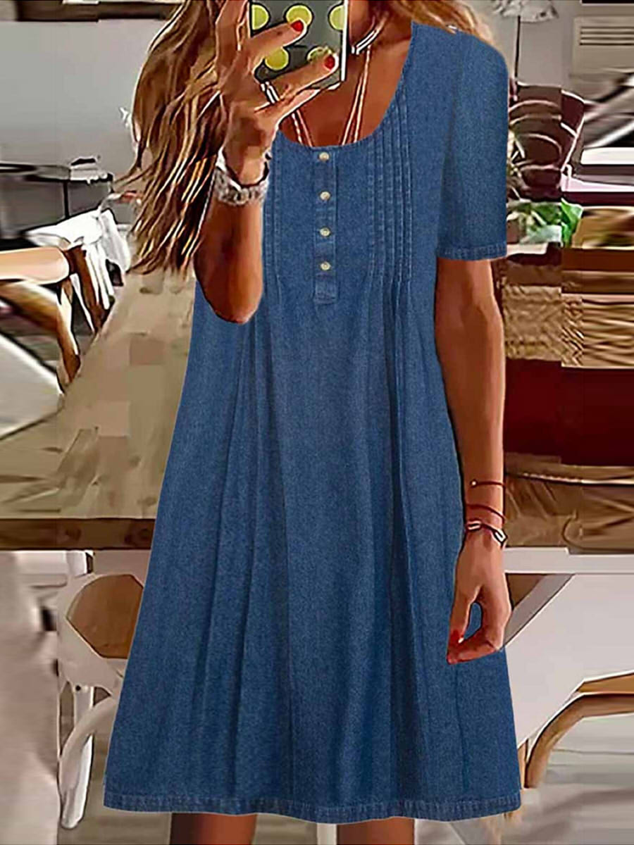 Round Neck Button Short Sleeve Denim Loose Fit Midi Dress