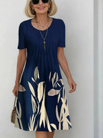Navy Leaf Print Round Neck Short Sleeve Swing Dress