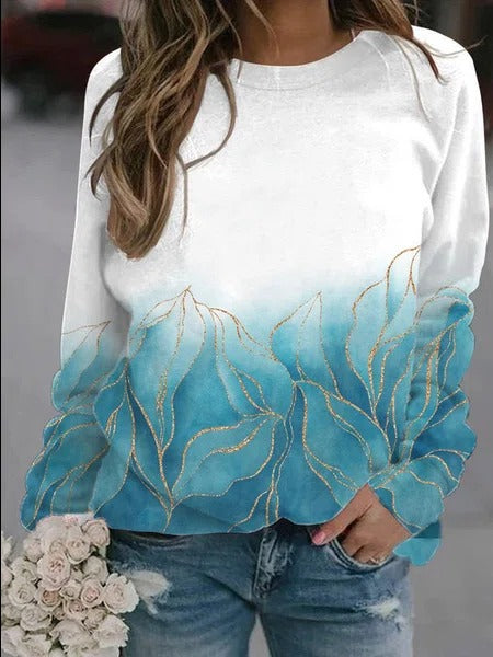 Green Casual Graphic Tops Round Neck Long Sleeve Leaf Printed Sweatshirts