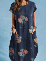 Plant Print Pocket Short Sleeve Casual Midi Dress