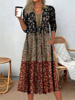 Women's Long Sleeve Scoop Neck Graphic Floral Printed Midi Dress