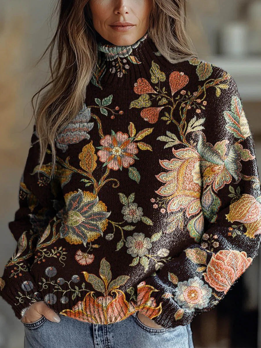 Lovely Floral Print Round Neck Long Sleeve Pullover Sweater