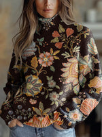 Lovely Floral Print Round Neck Long Sleeve Pullover Sweater
