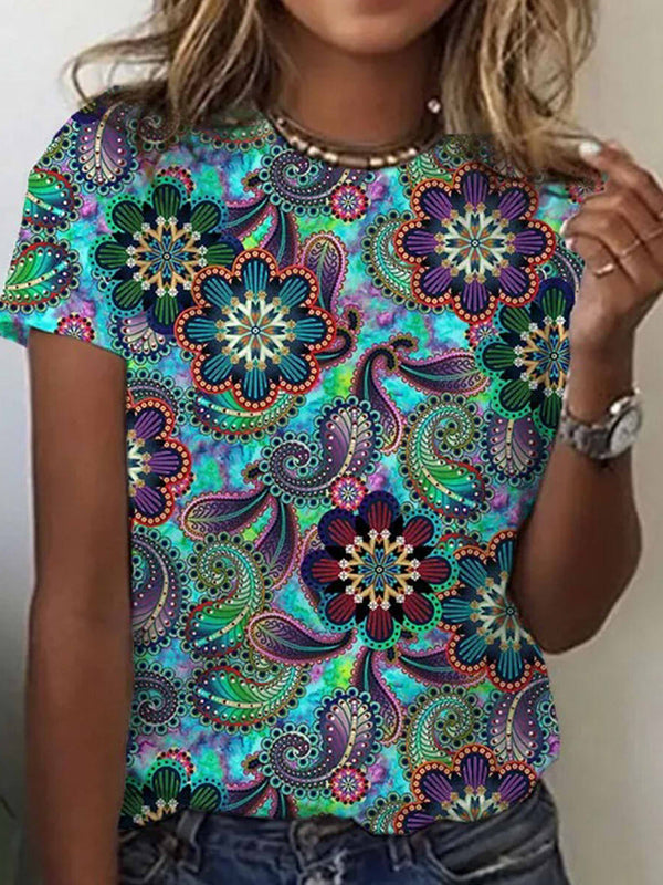 Multicolor Casual Graphic Tops Round Neck Short Sleeve Floral Printed Blouse