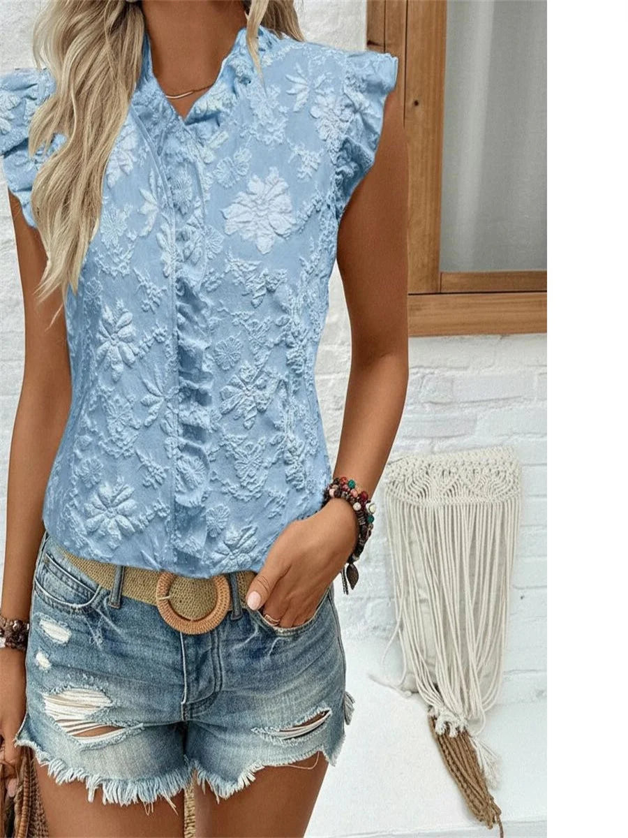 Light Blue Floral Print V-neck Ruffle Sleeveless Top